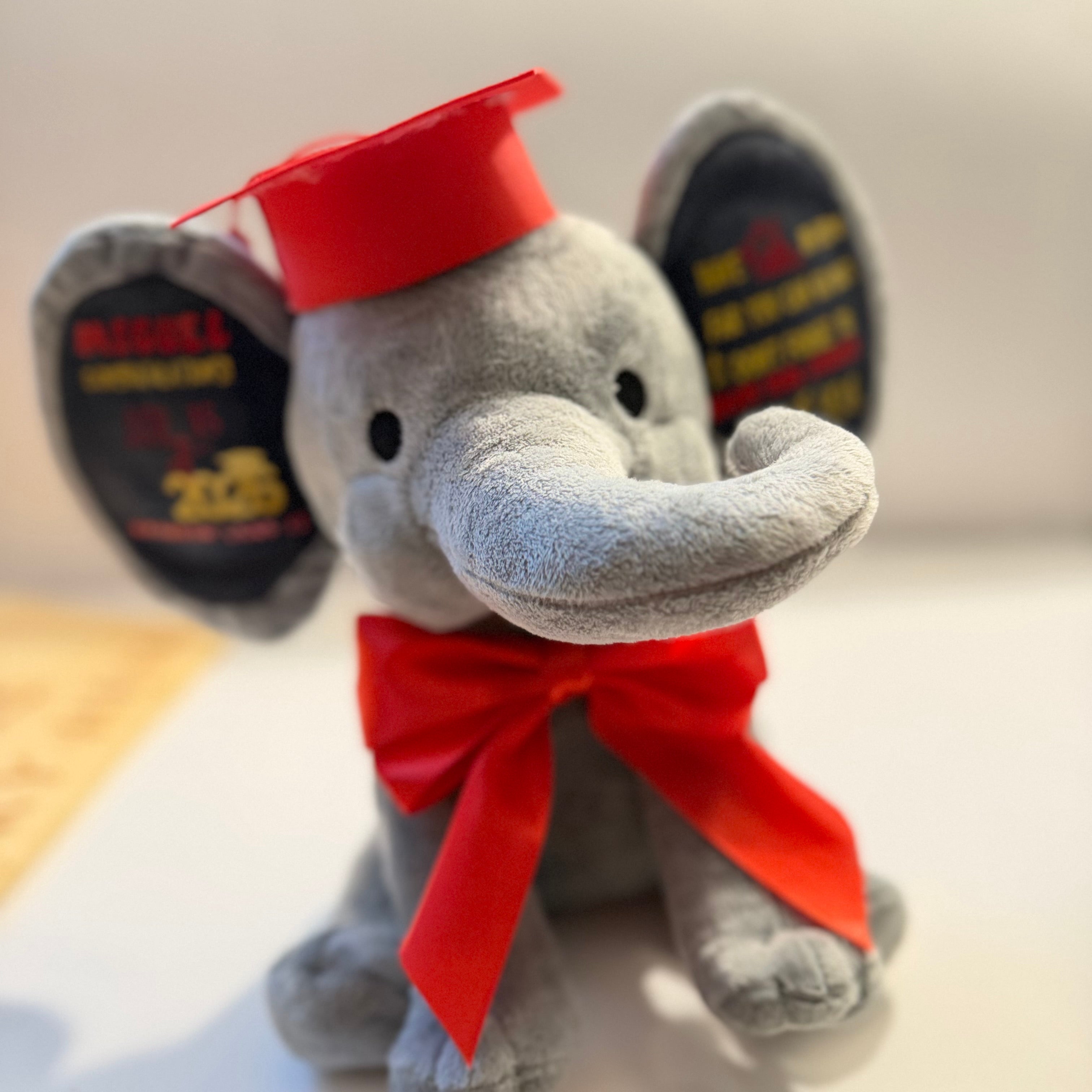 Gray elephant plush toy with a red graduation cap and bow tie on a white background