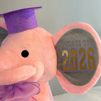Plush elephant toy with a purple graduation cap and 'Class of 2026' badge on a gray background